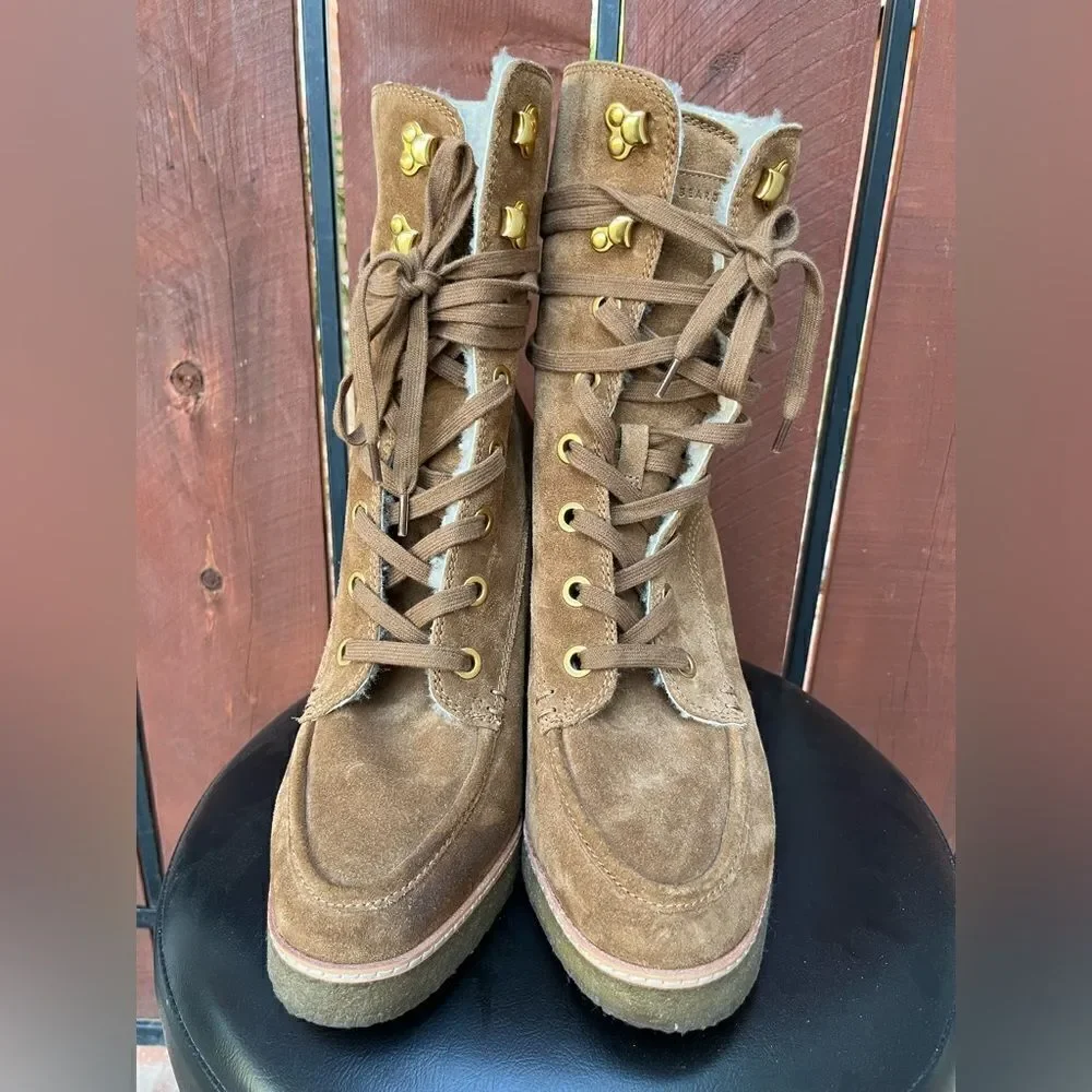 VERONICA BEARD Ananya Water Repellent/Shearling Suede Boot in tan size 10